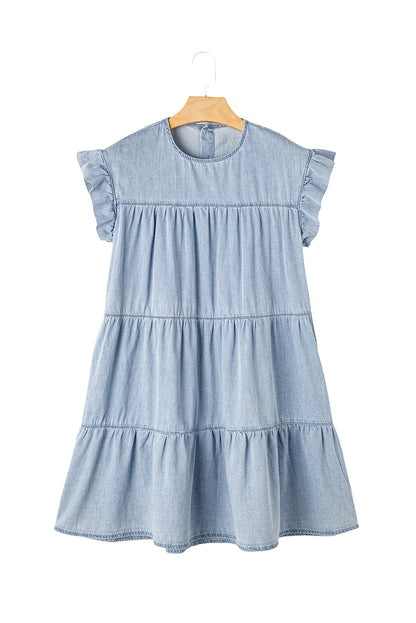 Ruffle Short Sleeve Tiered A-Line Denim Dress | Beau Blue