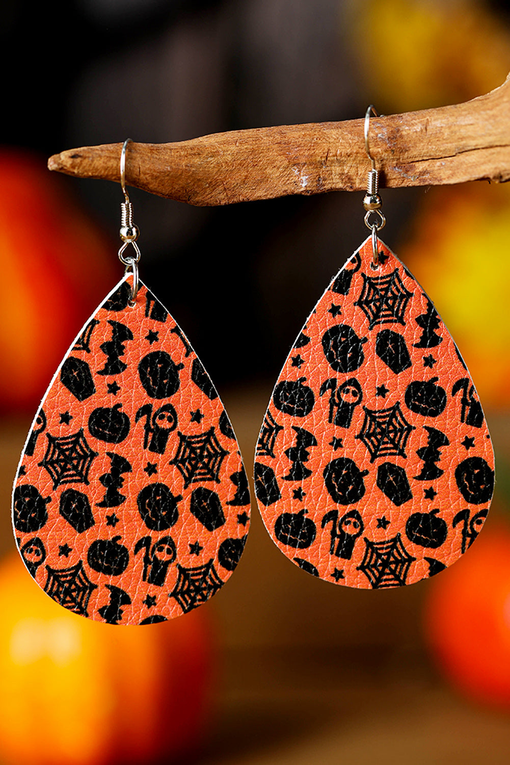 Halloween Pumpkin Spider Web Bat Print Drop Earring | Orange