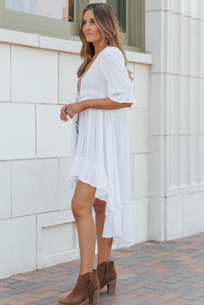 Half Sleeve Ruffled High Low Kimono | White