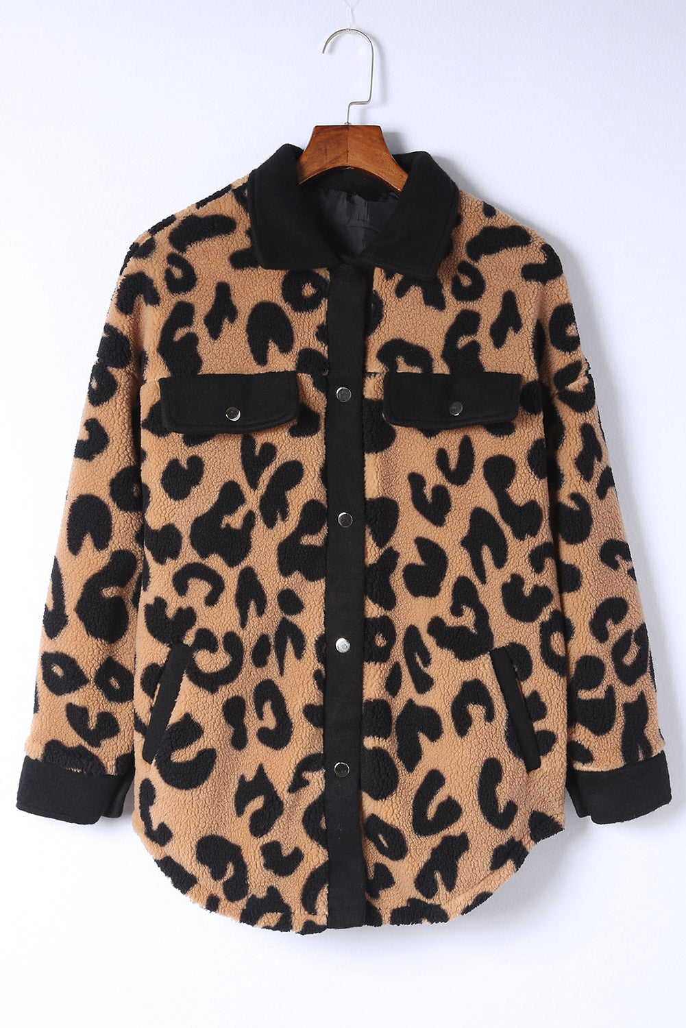 Contrast Trimmed Leopard Teddy Shacket | Black