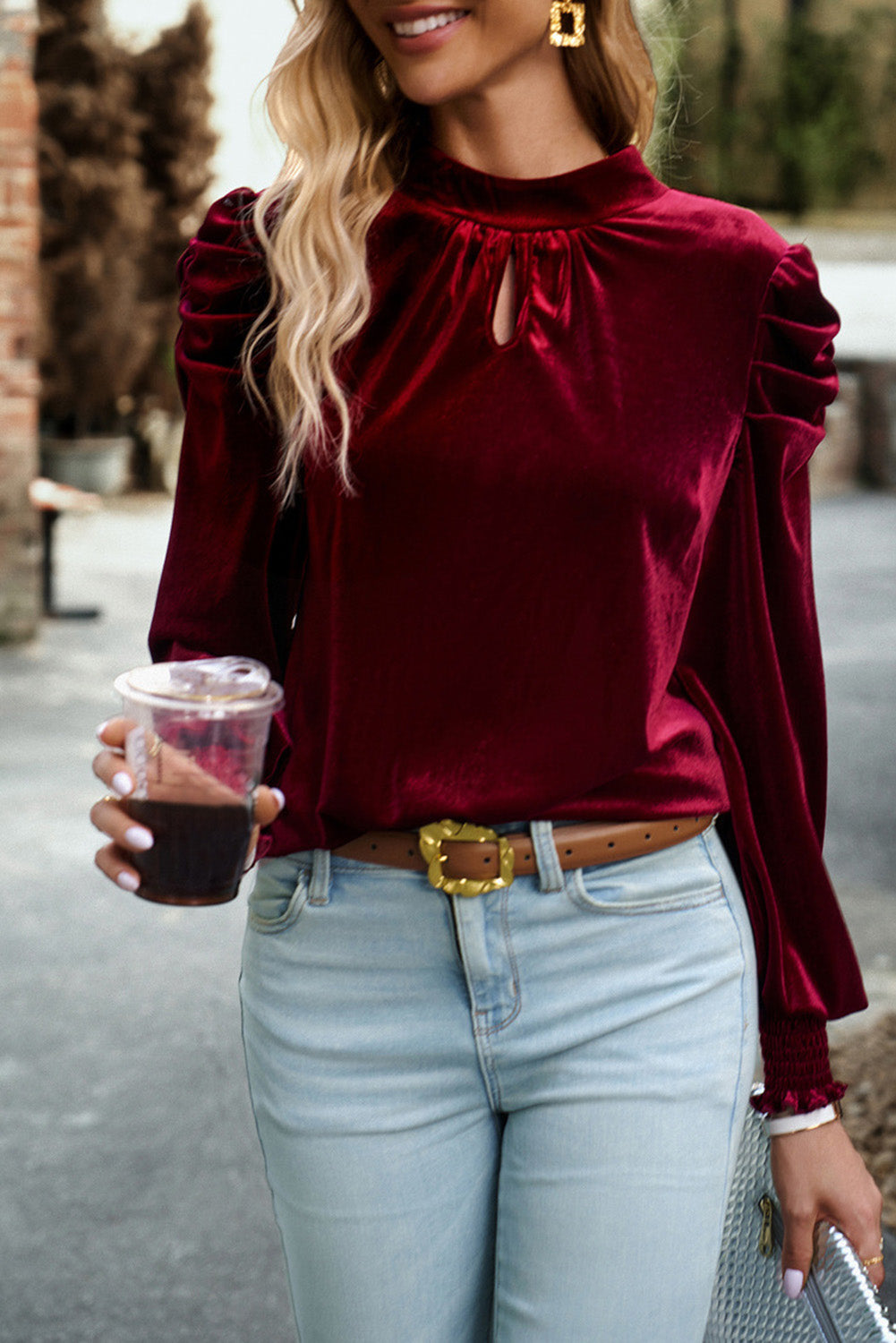 Fiery  Mock Neck Puff Sleeve Velvet Blouse | Red