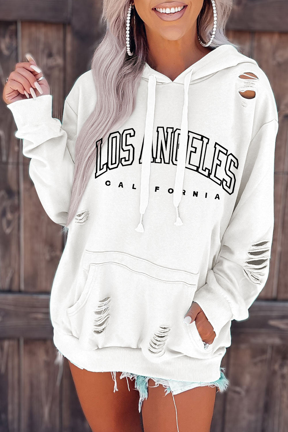 Los Angeles Ripped Kangaroo Pocket Hoodie | White