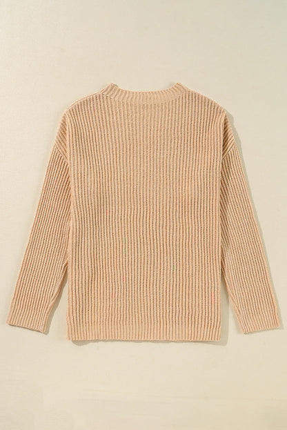 Cable Knit Drop Shoulder Side Slits Loose Sweater | Apricot