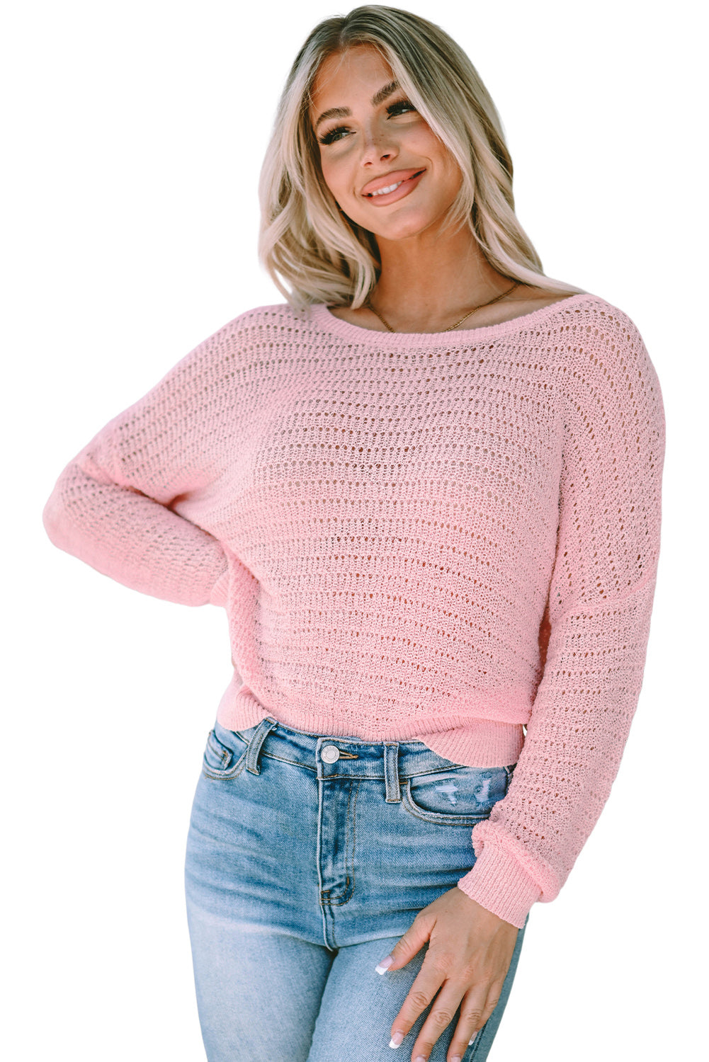 Knitted Eyelets Round Neck Long Sleeve Top | Pink