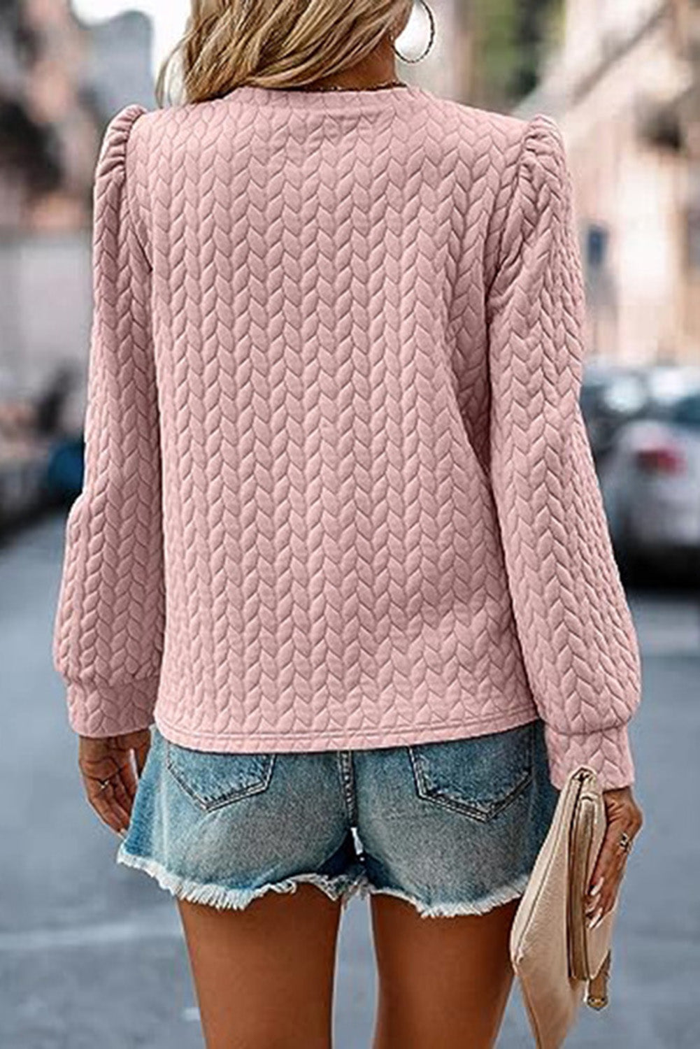 Cable Textured Puff Sleeve Sweatshirt | Light Pink