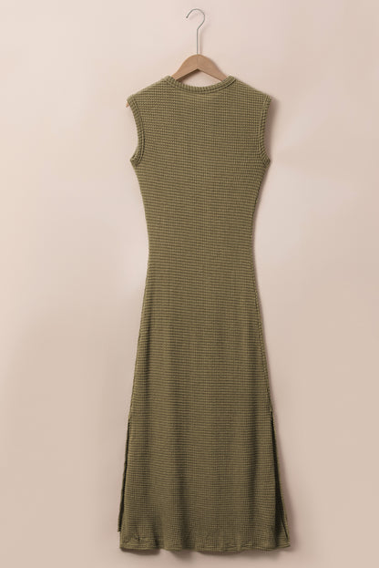 Waffle Knit Sleeveless Long Dress With Slits | Jungle Green