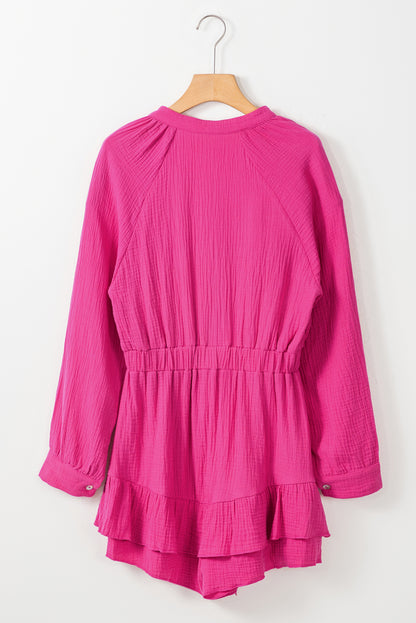 Textured Tiered Ruffled Buttoned Long Sleeve Romper | Rose