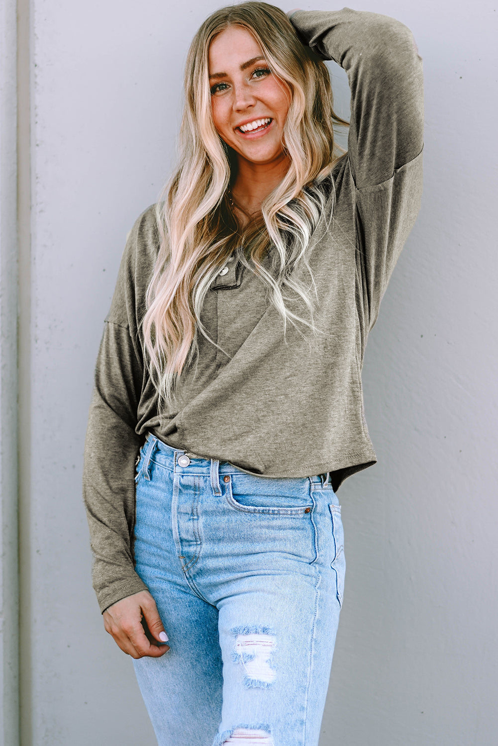 Long Sleeve V-Neck Stitching Henley Top | Khaki