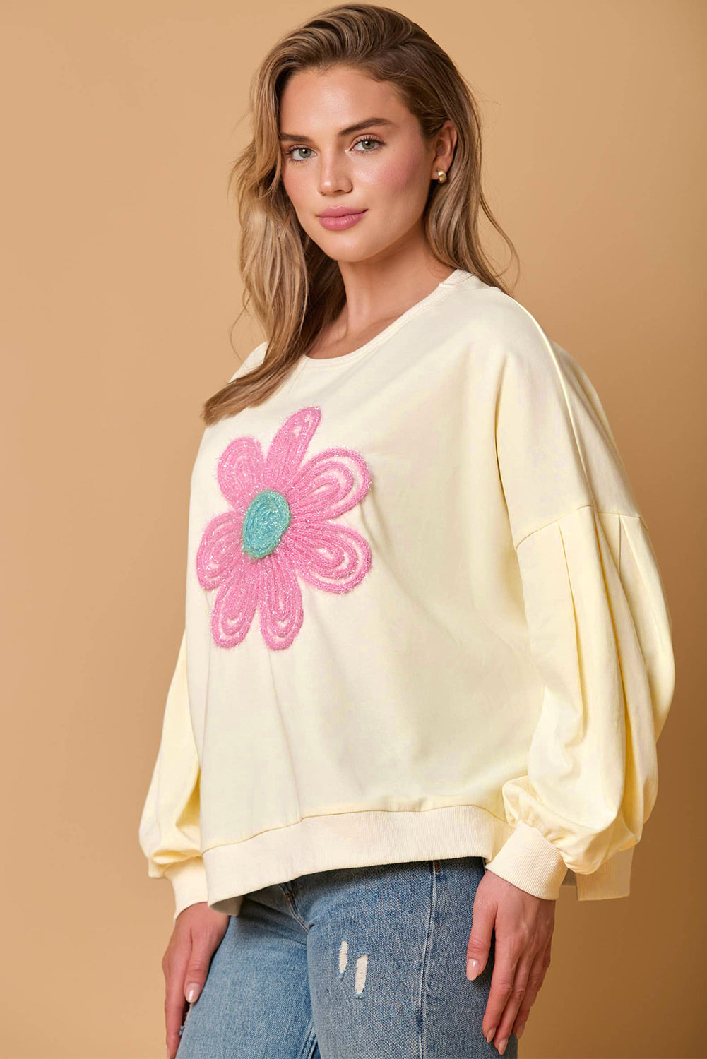 Tinsel Flower Dropped Puff Sleeve Sweatshirt | Beige