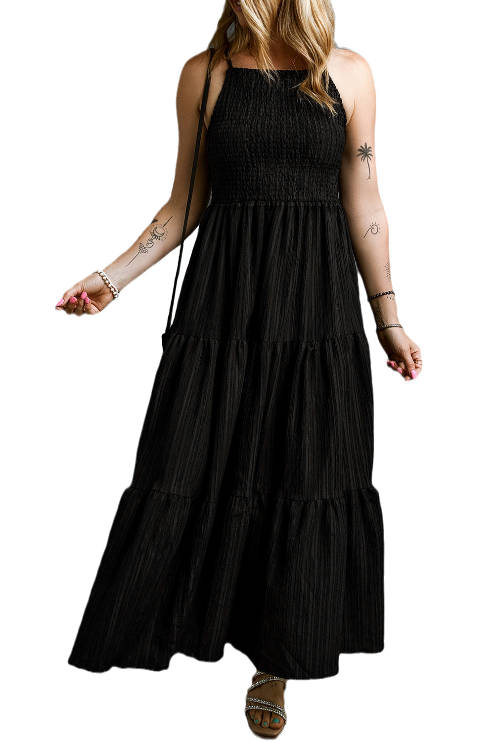 Spaghetti Straps Smocked Pleated Tiered Maxi Dress | Black