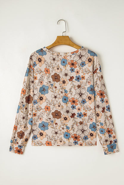 Floral Print Loose Crew Neck Long Sleeve T Shirt | Khaki