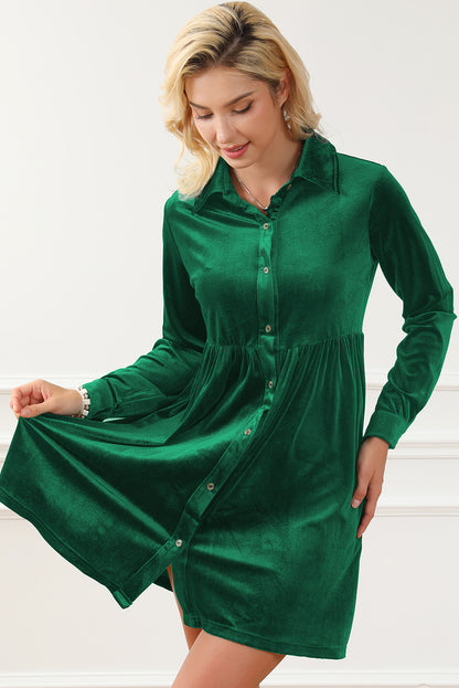 Long Sleeve Ruffle Velvet Button Up Dress | Green