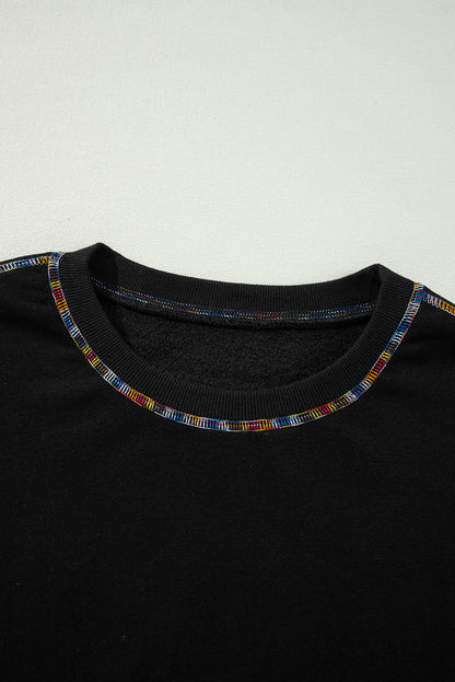 Contrast Rainbow Trim Drop Shoulder Pullover Sweatshirt | Black