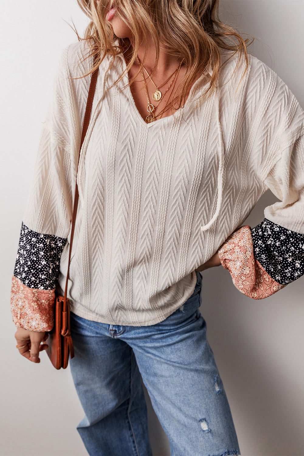 Floral Patchwork Textured Knit Drawstring V Neck Blouse | Beige