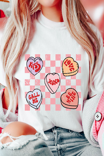 White Checkered Valentines Heart Printed Crewneck T Shirt