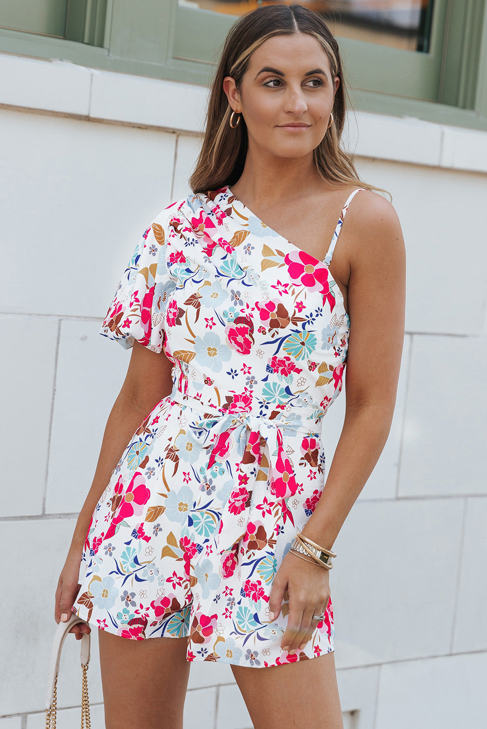 Floral Single Bubble Sleeve Slant Shoulder Romper | White