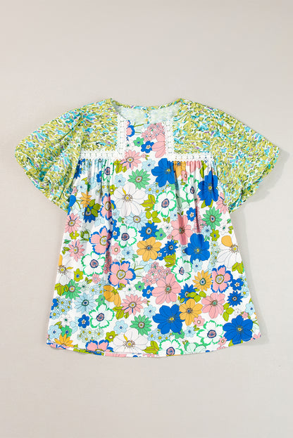 Bubble Sleeve Lace Trim Floral Mixed Print Blouse | Green