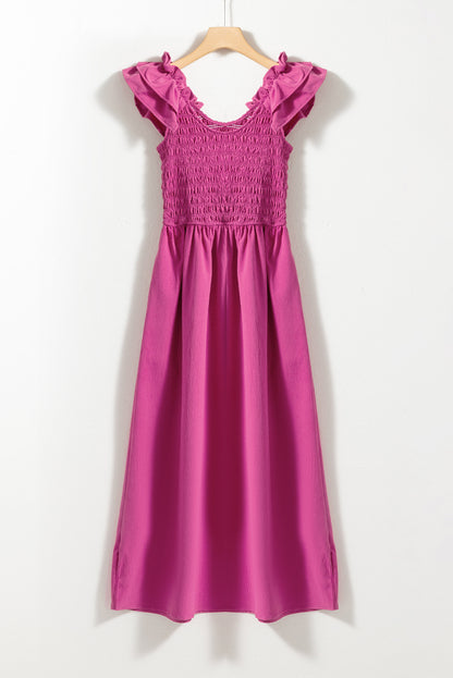 Solid Colour Ruffled Straps Smocked Ruched Maxi Dress | Rose Red