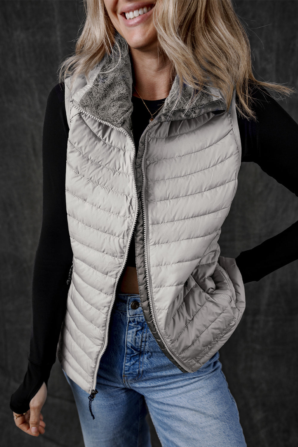 Plush Collared Quilted Zipped Puffer Vest | Silvery