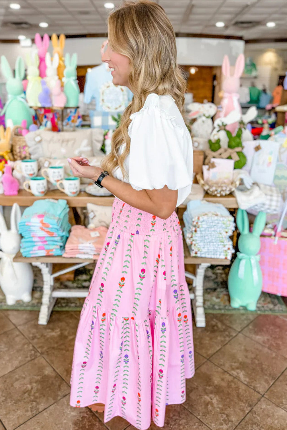 Printed Smocked Tiered Maxi Skirt | Pink