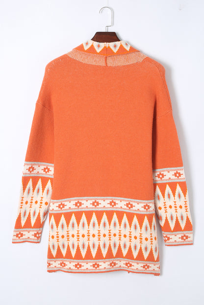 Aztec Print Open Front Knitted Cardigan | Orange Printed