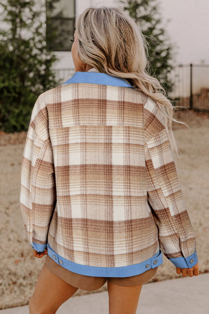 Plaid Patchwork Flap Detail Button Up Shacket | Light French Beige