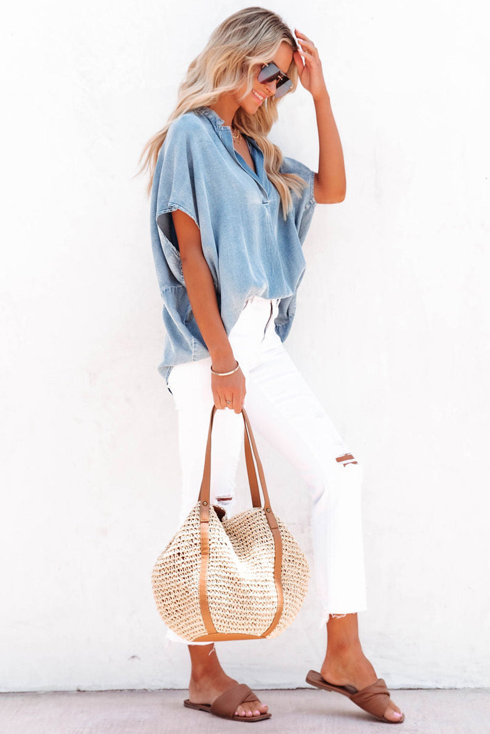 Split V Neck Oversized Denim Blouse | Sky Blue