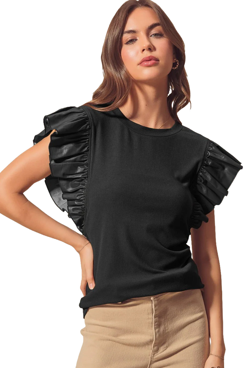 Leather Ruffle Sleeve Patchwork Round Neck Blouse | Black