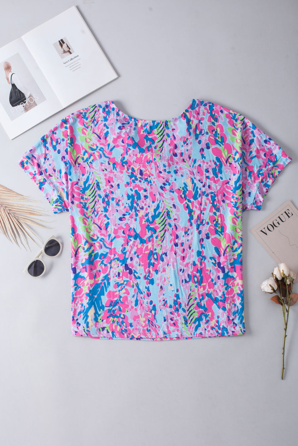 Plus Size Plant Print V Neck T-Shirt | Sky Blue