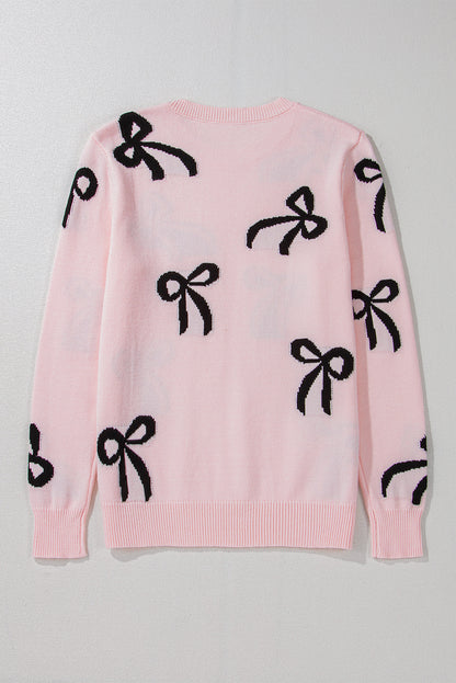 Bow Pattern Knitted Loose Fit Sweater | Light Pink