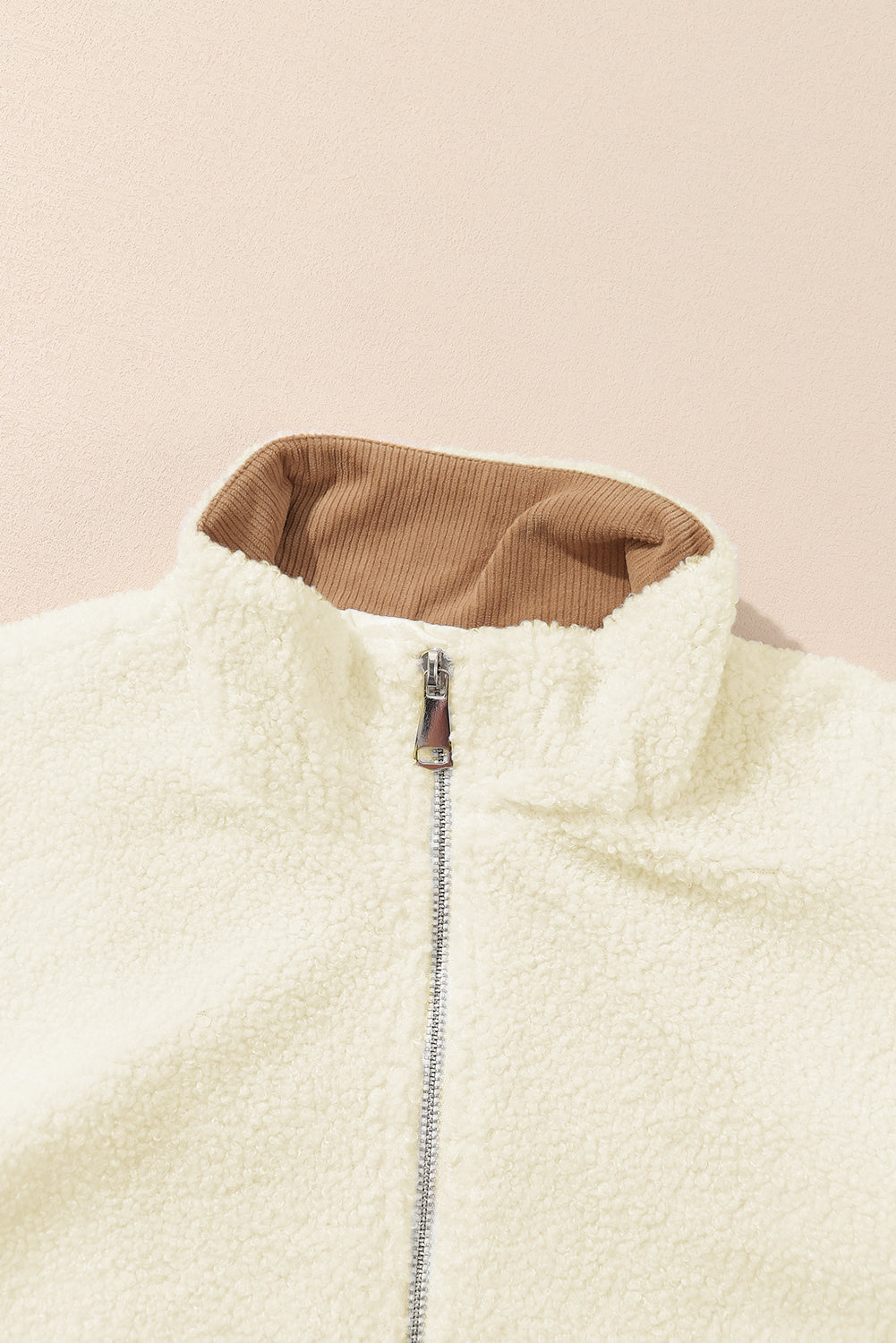 White Contrast Patched Pocket Zipped Sherpa Jacket | Bright White