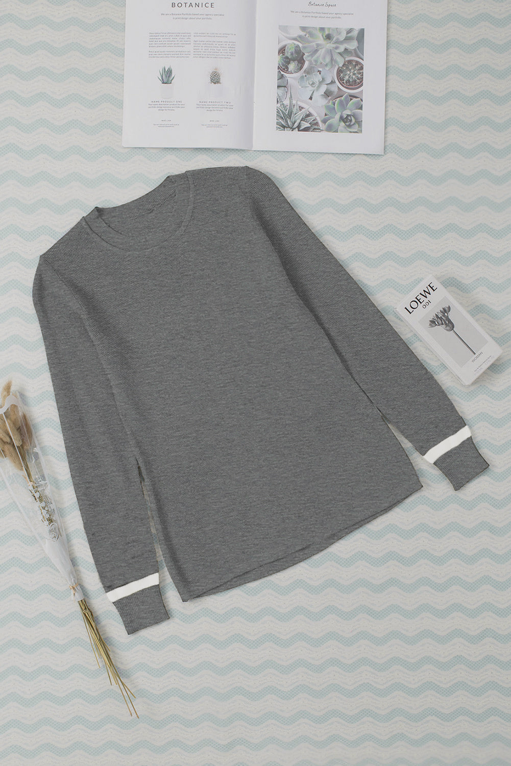 Ribbed Trim Crew Neck Long Sleeve Sweater | Medium Grey