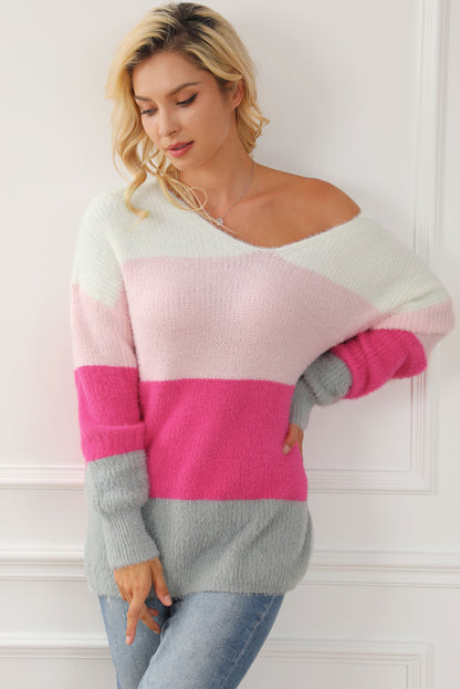 Striped Colour Block Fuzzy V Neck Sweater | Stripes