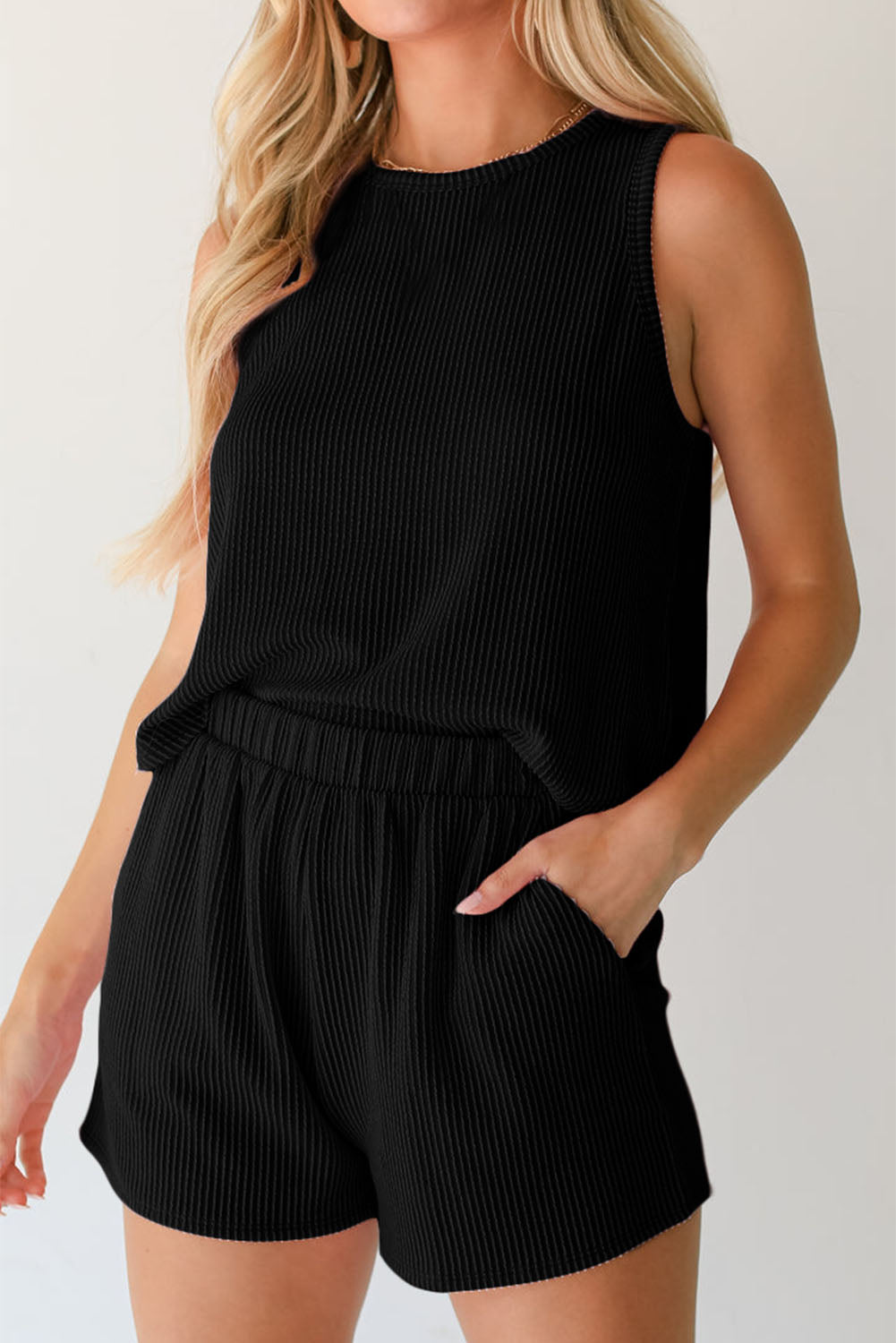 Corded Sleeveless Top And Pocketed Shorts Set | Black