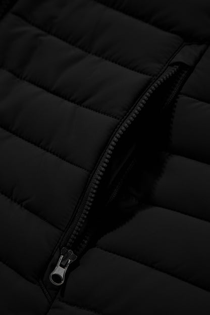 Plush Collared Quilted Zipped Puffer Vest | Black