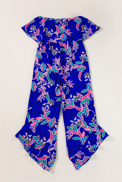 Mix Tropical Print Strapless Ruffled Jumpsuit | Blue