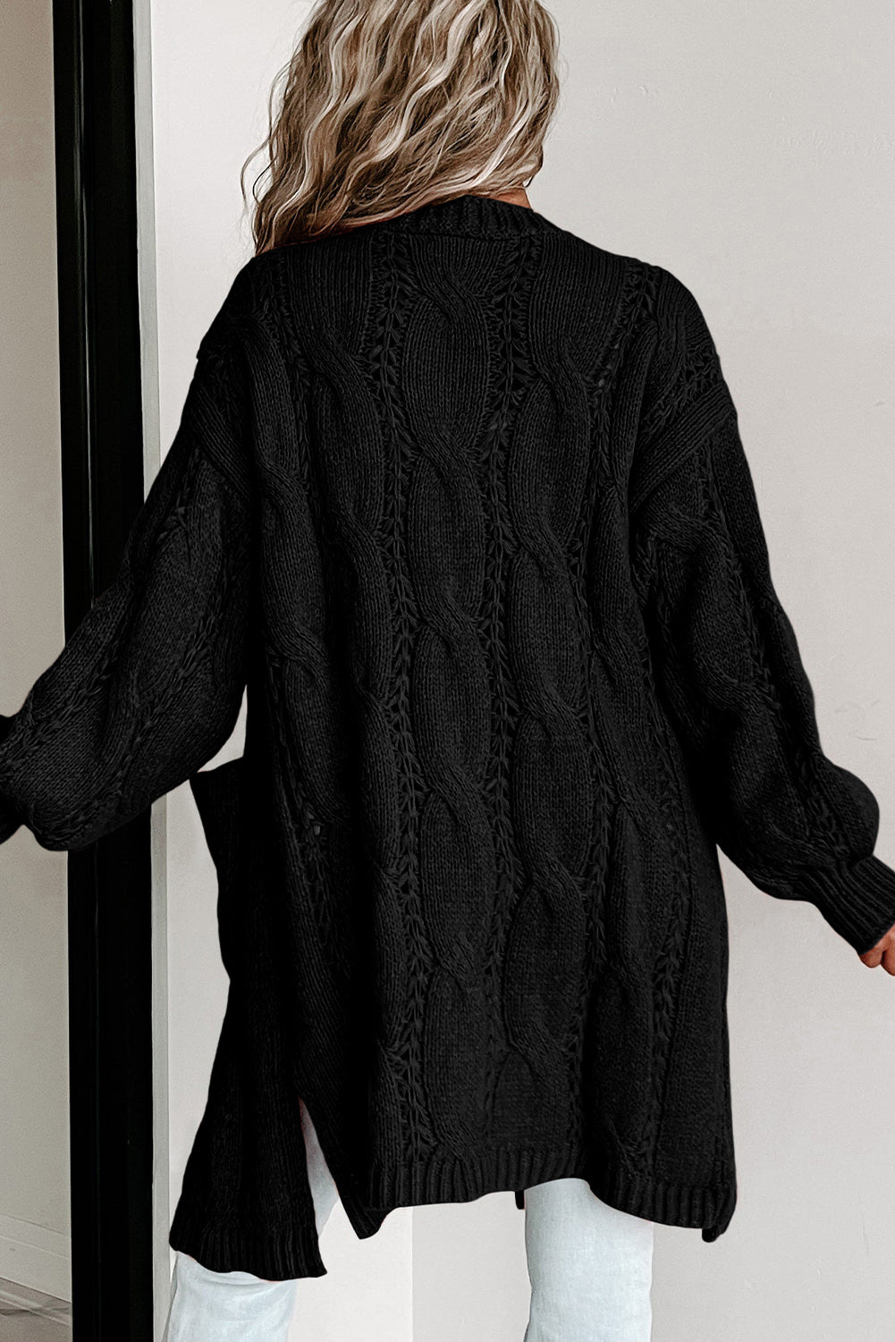 Ribbed Trim Eyelet Cable Knit Cardigan | Black