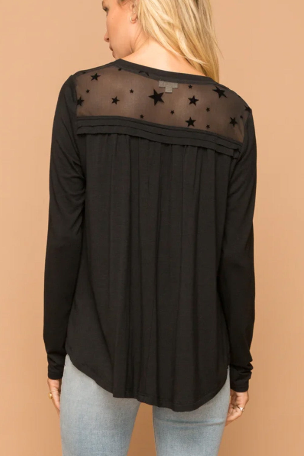 Star Mesh Yoke Draped Detail Blouse | Black