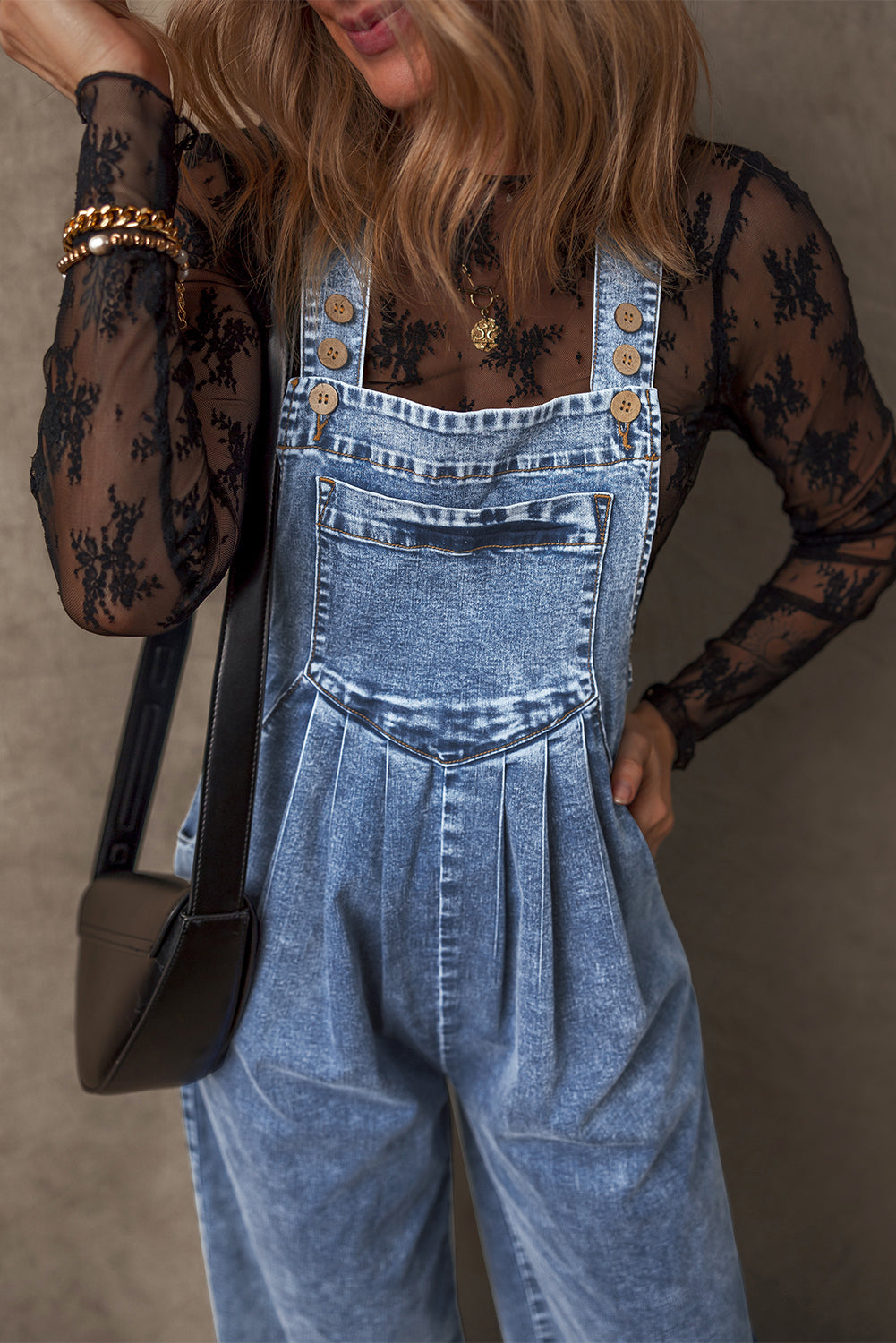 Mineral Wash Buttoned Straps Wide Leg Denim Overalls | Light Blue