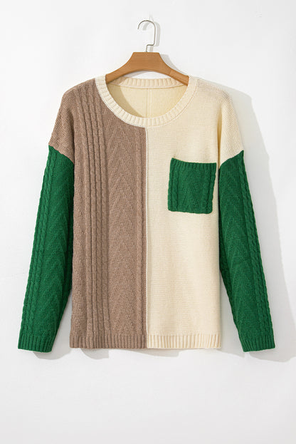 Plus Size Cable Knit Colour Block Drop Shoulder Sweater | Mist Green