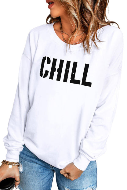 Chill Graphic Long Sleeve Pullover Sweatshirt | White