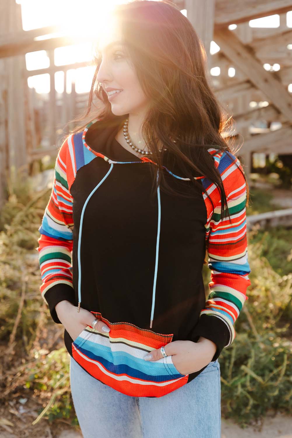 Colourful Striped Patchwork Kangaroo Pocket Hoodie | Multicolour