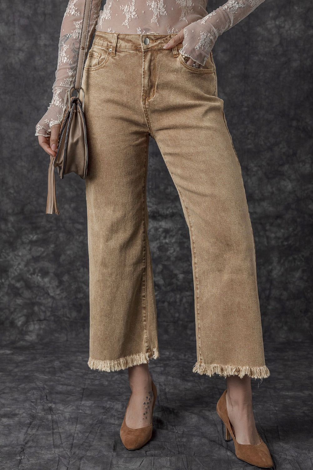 Acid Washed High Rise Cropped Wide Leg Jeans | Light French Beige