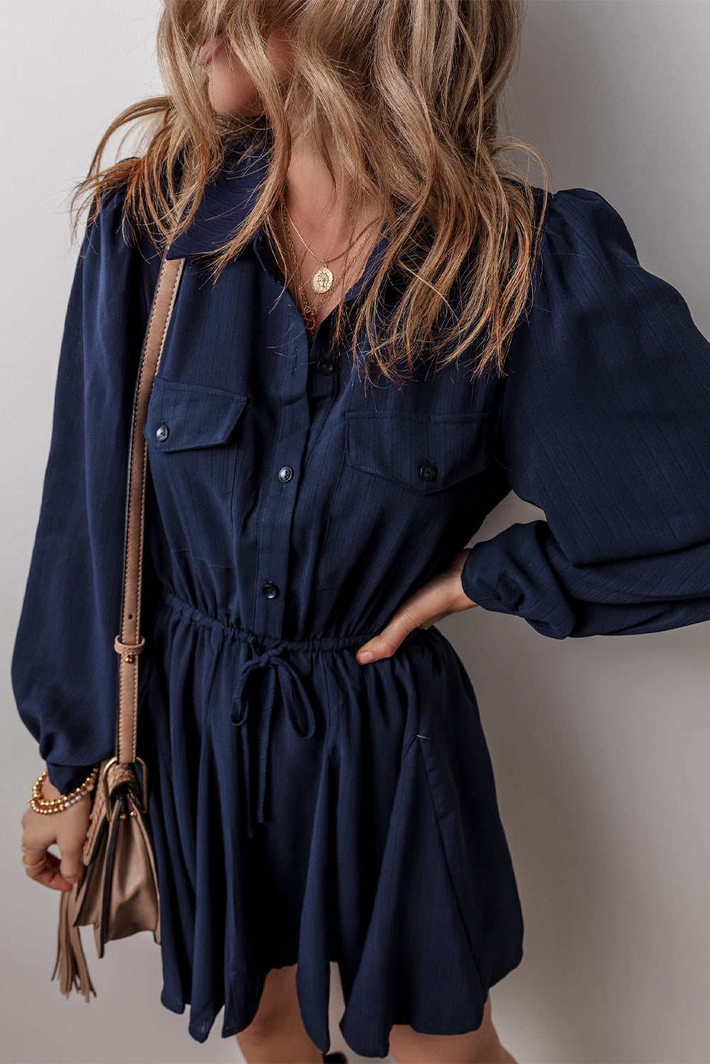 Solid Chest Pockets Tunic Shirt Mini Dress | Navy Blue