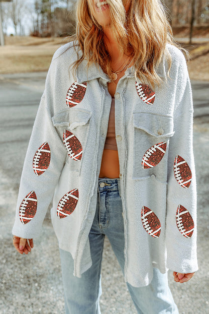 Sequined Rugby Flap Pockets Buttoned Shacket | Gray