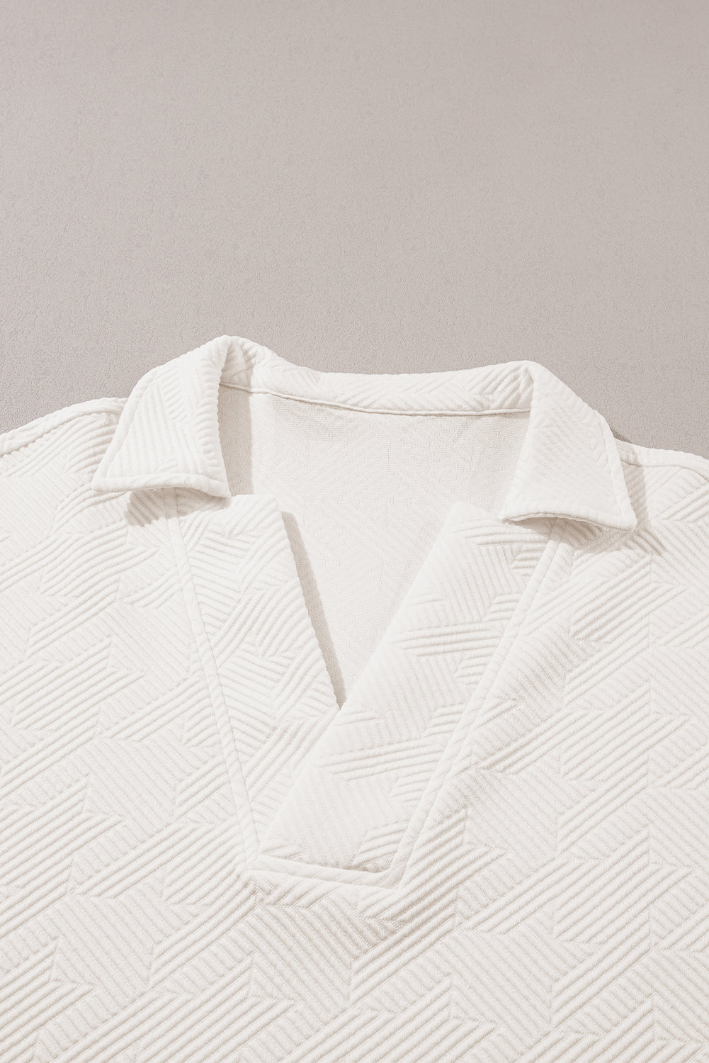 Textured V Neck Collared Short Sleeve Top | White