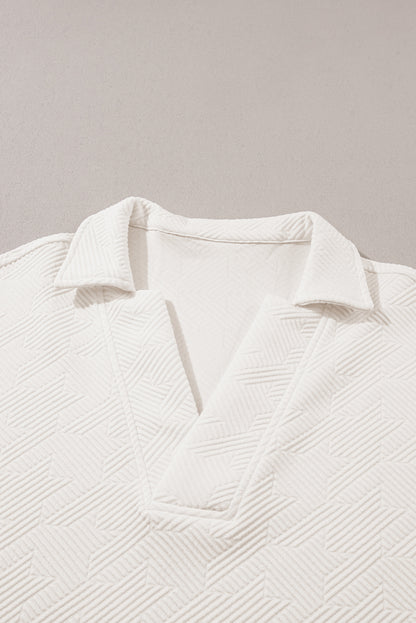 Textured V Neck Collared Short Sleeve Top | White