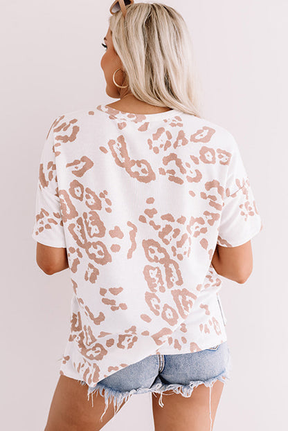 Plus Size Leopard Print V Neck Short Sleeve Top | White