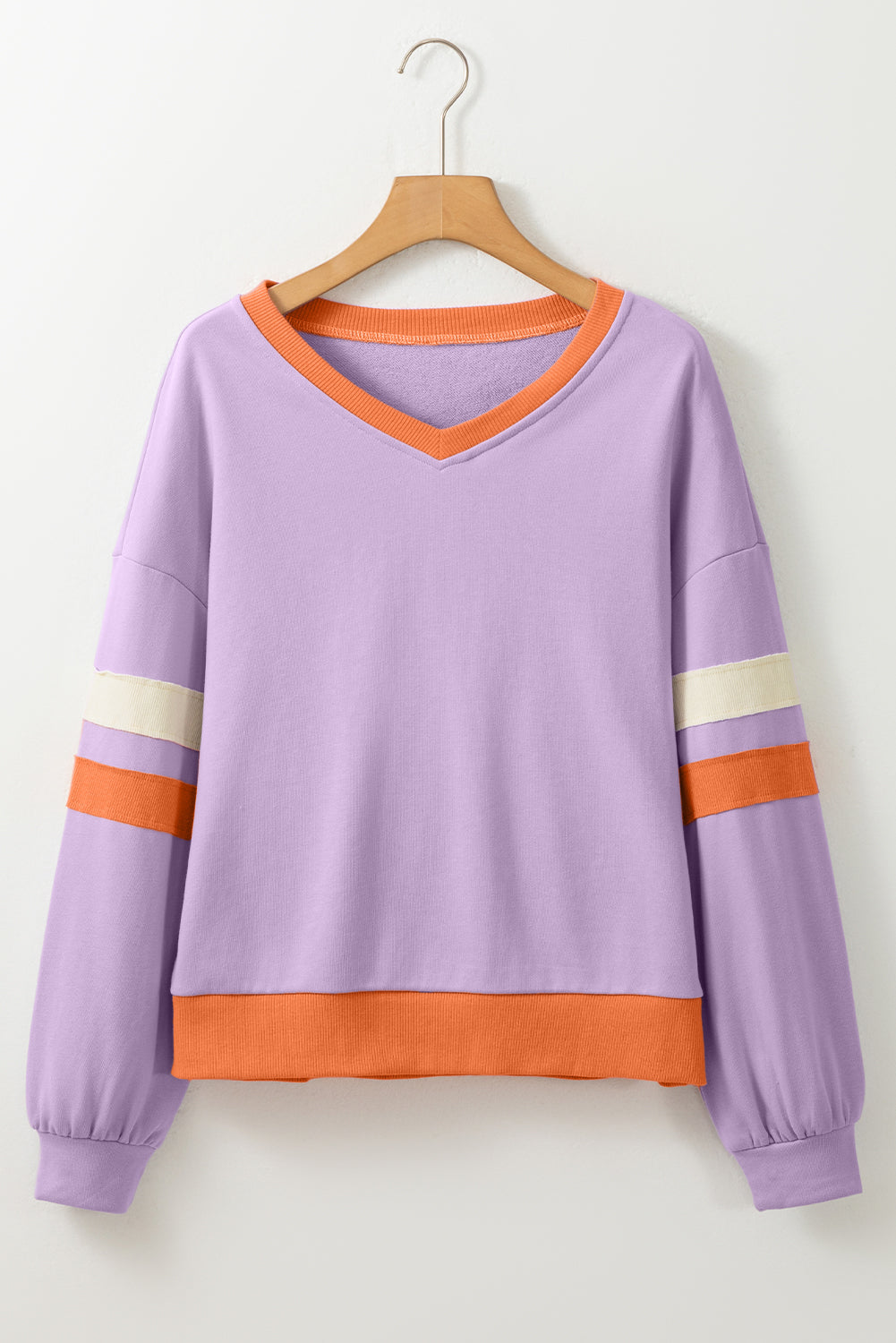 Contrast Rib Knit Patchwork Drop Shoulder V Neck Sweatshirt | Orchid Bouquet