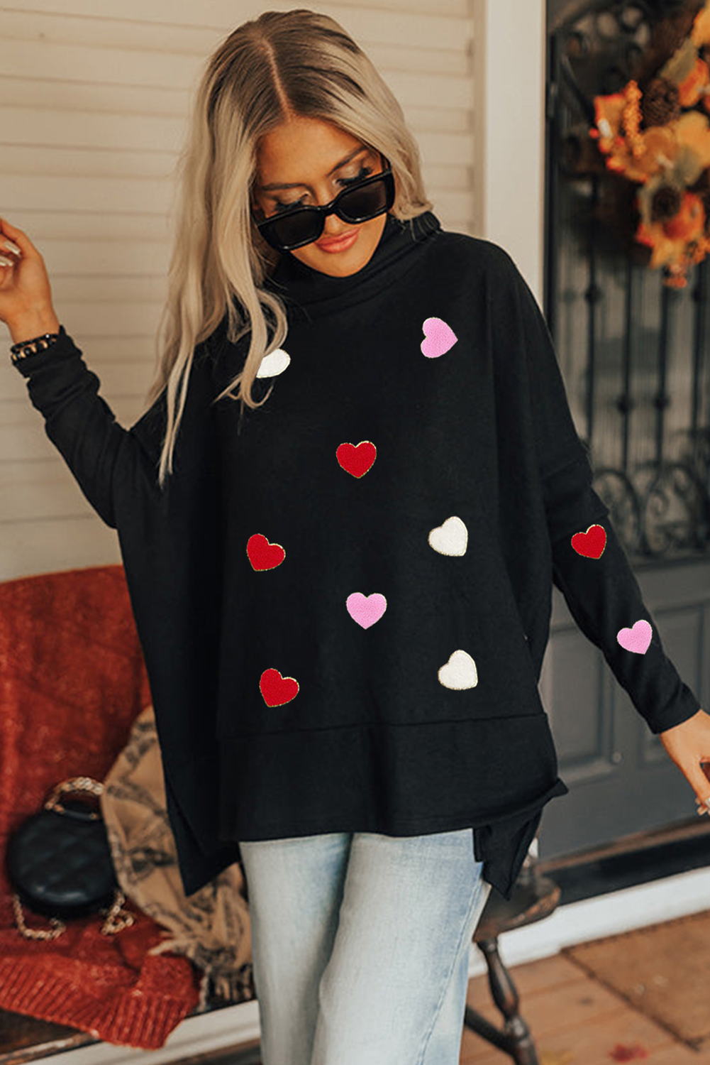 Valentines Chenille Heart Patched Dolman Sleeve High Neck Split Top | Black